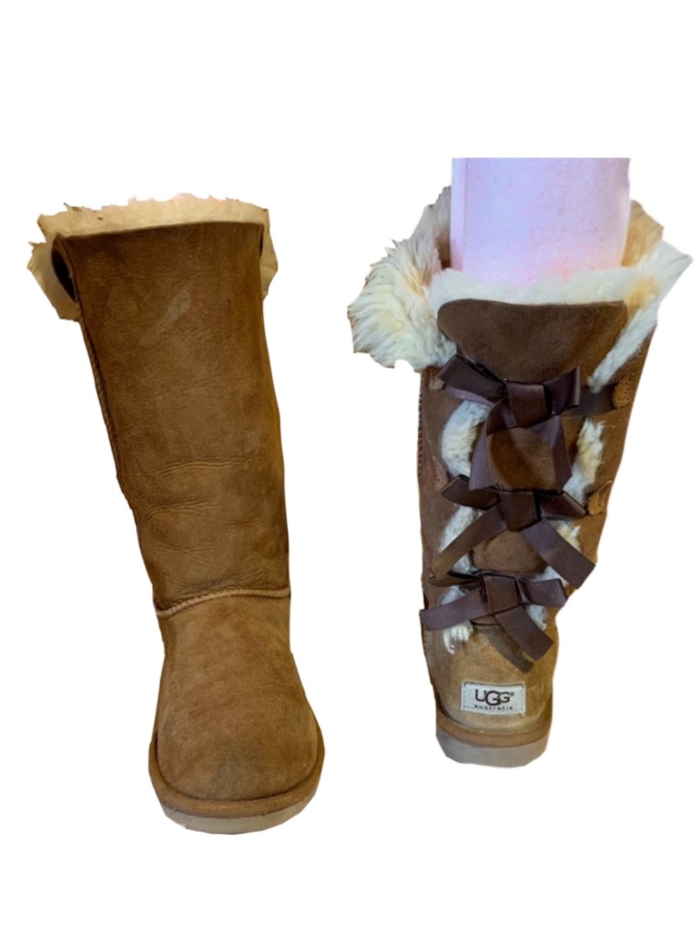 UGG TAN & BROWN SUEDE & SHEARLING TALL "BAILEY BOW" PULL ON BOOTS (6)